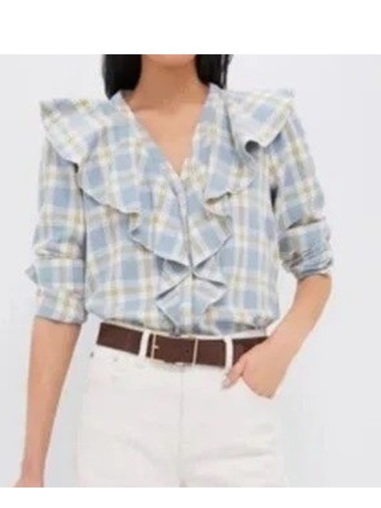 Tuckernuck Tops - TuckerNUCK Blue Plaid V Neck Ruffle Eileen Button Down- Medium